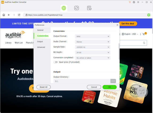 set audible audiobooks output format to wav