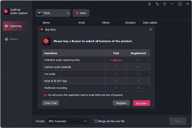 audfree tidal to mp3 capture