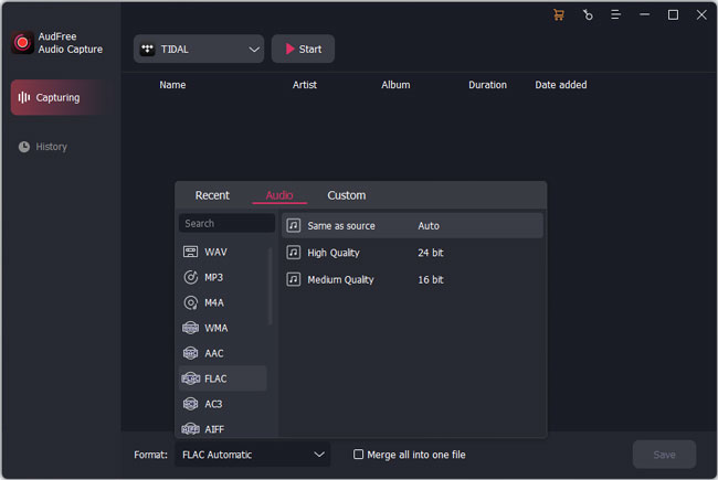 customize tidal flac parameters on audfree audio capture