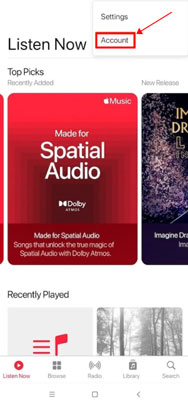 choose and go to account on apple music android app