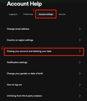 closing your account and deleting your data in spotify account settings