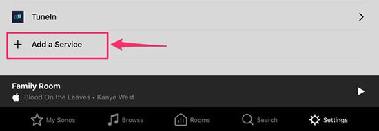 add a service option on sonos app