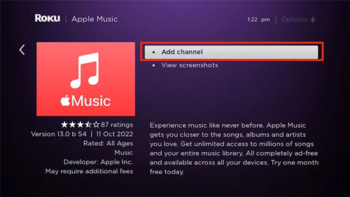 add apple music channel to roku