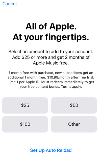 add money to apple account to get 2 month apple music free trial