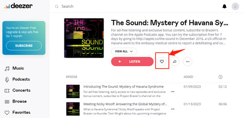 add liked podcasts to deezer favorites