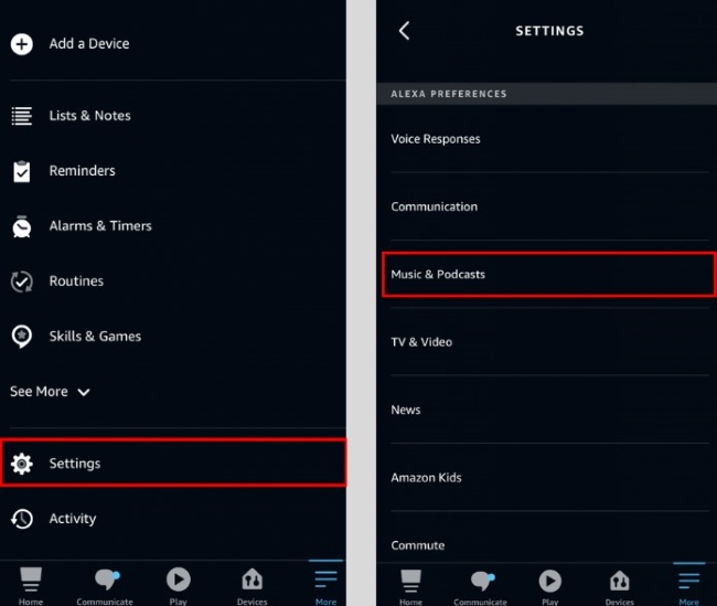 alexa settings to music and podcasts