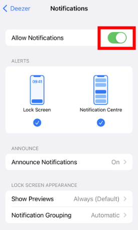 allow notifacations on deezer on iphone