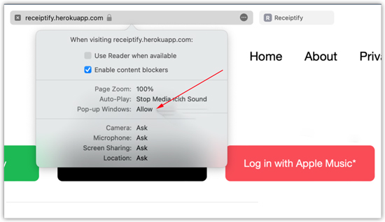 allow pop up windows of receiptify in mac safari
