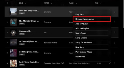 remove from queue option on amazon music desktop app
