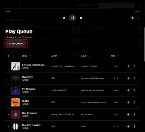 clear queue on amazon music desktop app