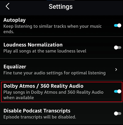 enable amazon music dolby atmos on mobile
