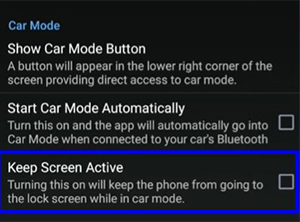 how to keep screen active while in car mode