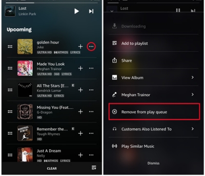 remove from queue option on amazon music mobile app