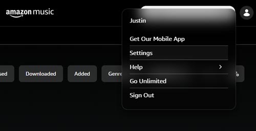 amazon music settings option on computer