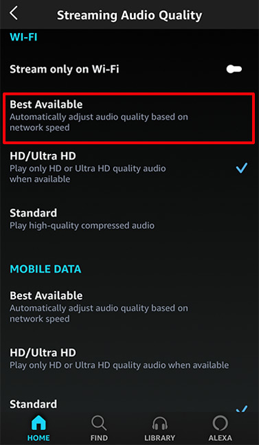 change amazon music audio quality on mobiles