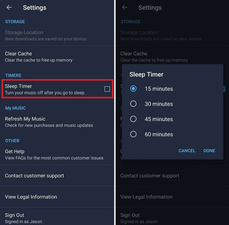 set amazon music sleep timer android or iphone