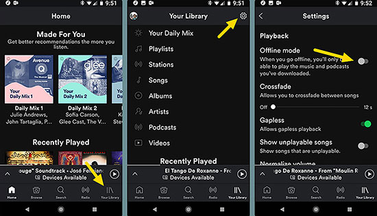 disable spotify offline mode on android