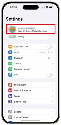 touch apple id on iphone settings app
