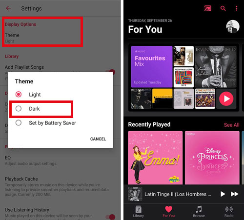 apple music app dark mode on android