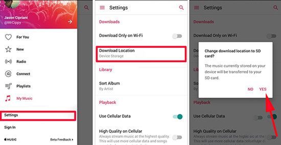 change apple music download location on android and ios