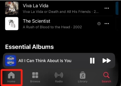 click on home option on apple music app ios