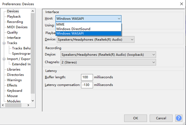 select windows wasapi from audacity audio settings