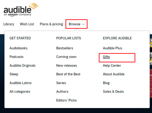 browse gifts option on audible website