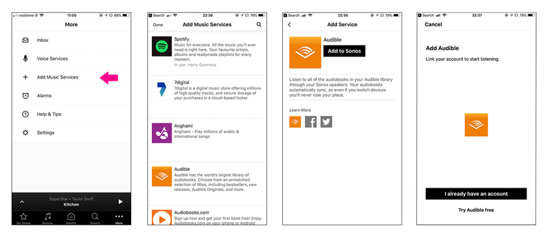 listen to audible on sonos via sonos app on mobile