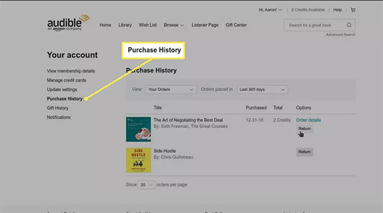 audible purchase history desktop