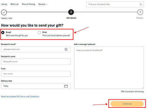 fill in audible send gift form to share books