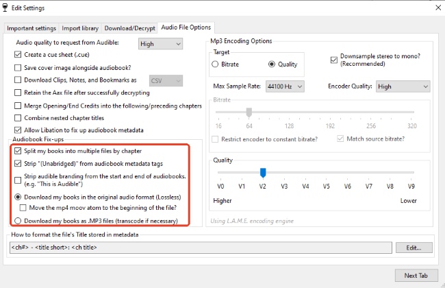 adjust settings on libation for audible to mp3 conversion