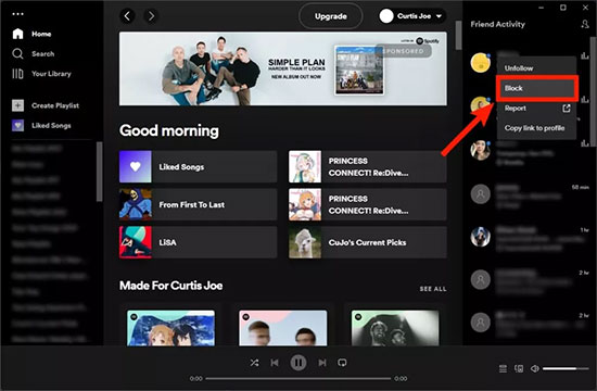 block someone on spotify from friend activity