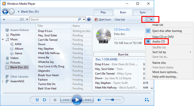 burn cd from amazon music on windows media player