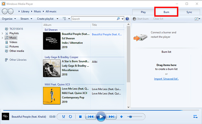 click burn in windows media player