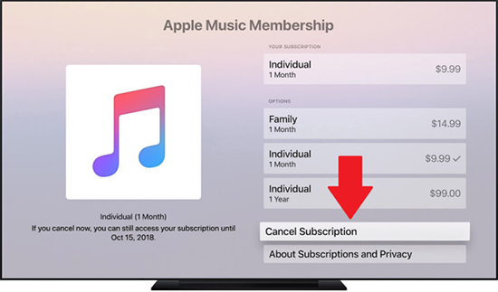 how to cancel apple music via apple tv