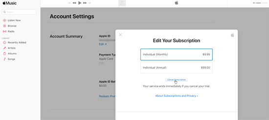 how to cancel apple music via web browser