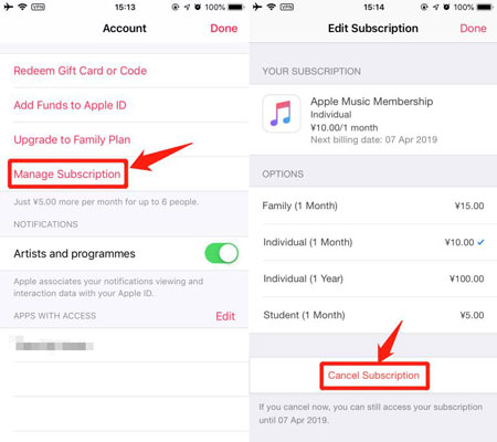 cancel apple music membership in apple music app on ios