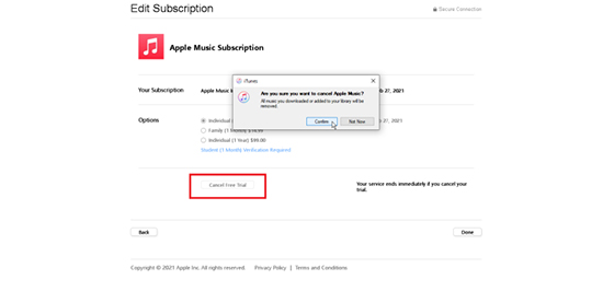 end apple music subscription on windows via itunes