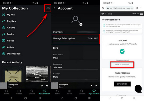 cancel tidal subscription on android
