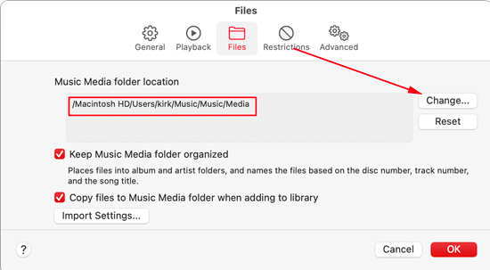 change apple music storage location on mac