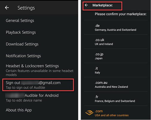 change audible marketplace on mobile