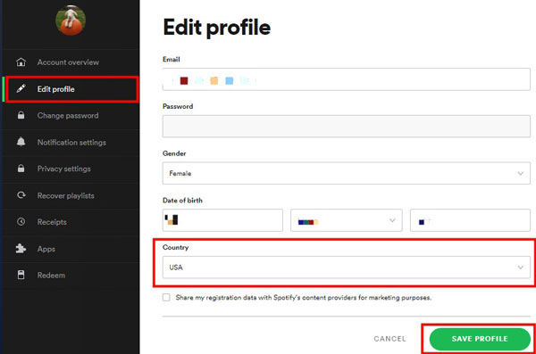 change spotify profile country