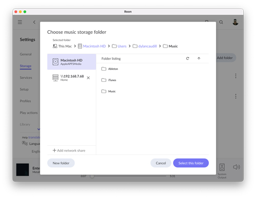 choose music storage folder on roon