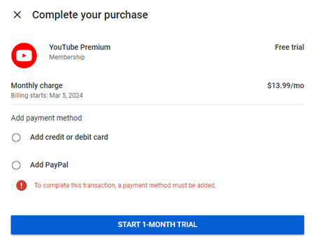 choose payment method for getting youtube music premium free