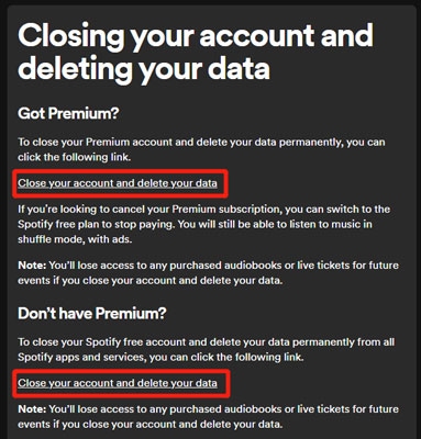 pick up close your account and delete your data on spotify