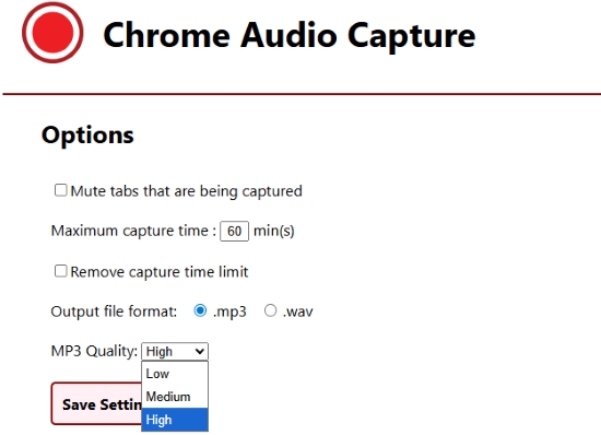 adjust pandora to mp3 on chrome audio capture