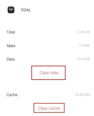 clear tidal cache by android settings