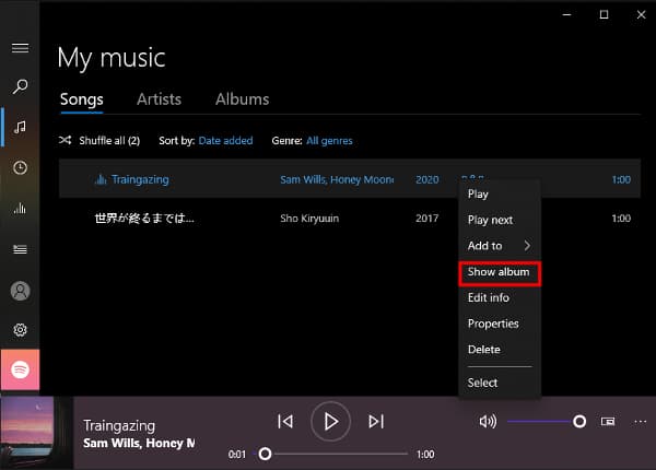 show album of spotify music on windows