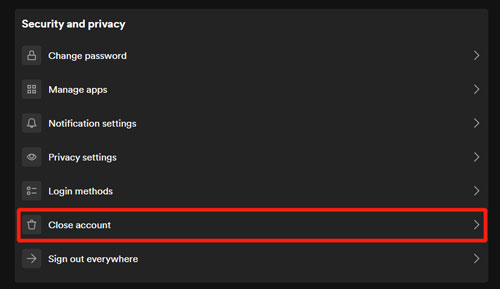 choose close account in spotify security and privacy section