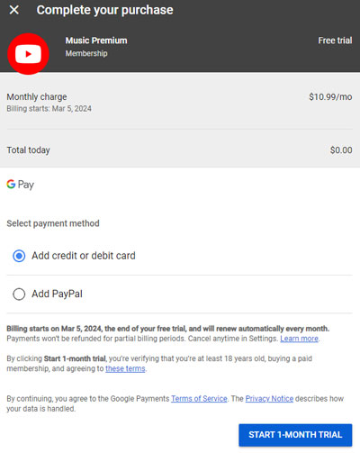 complete payment method to get free youtube music premium